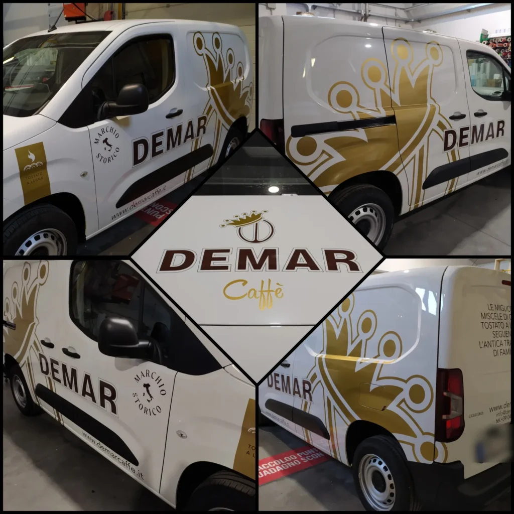 Furgone Opel Combo bianco di Demar Caff&egrave; decorato con pellicole 3M serie 80 oro, marrone e grigio, in quattro foto