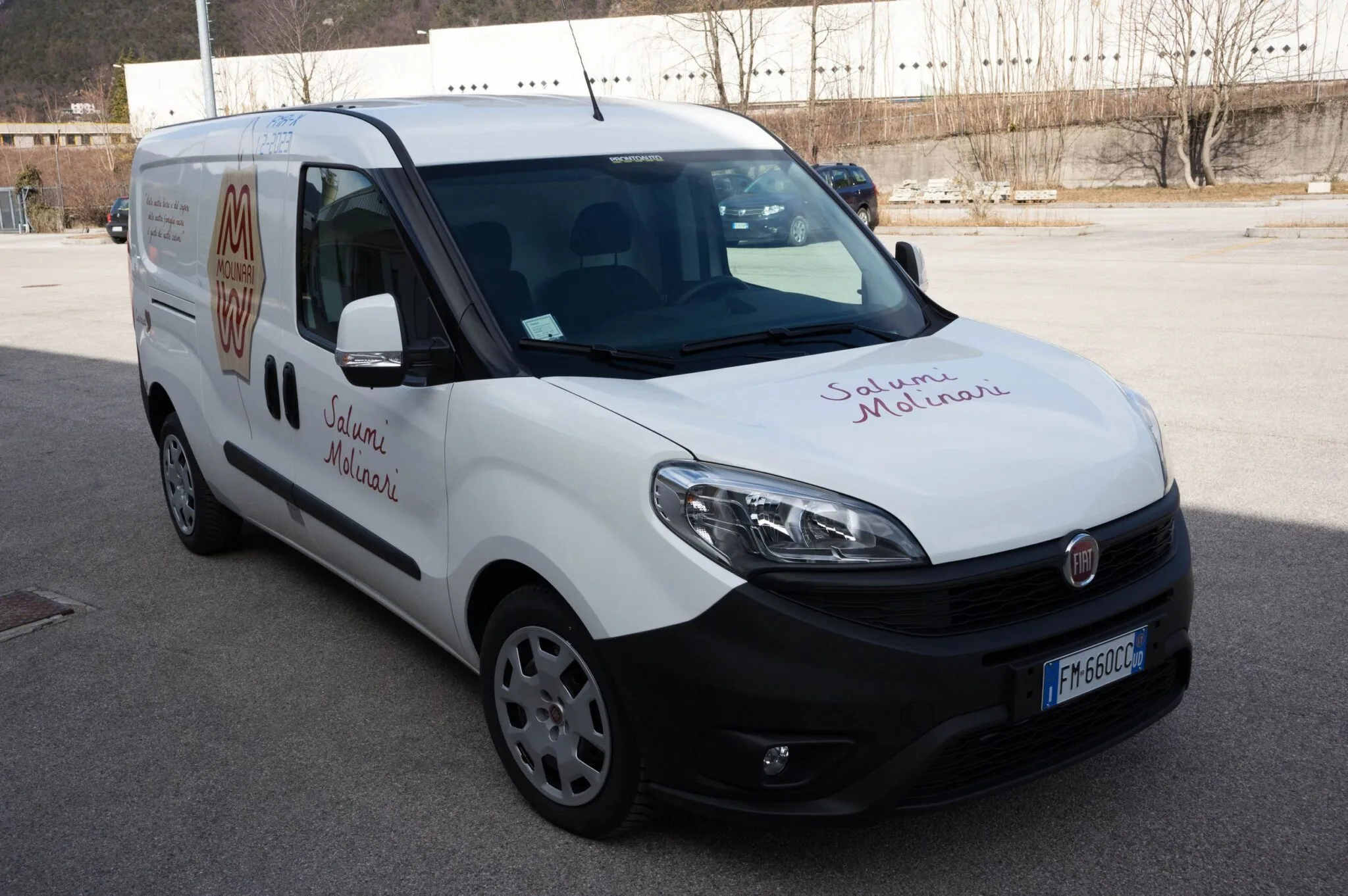 Muso del furgone Molinari con la scritta Salumi Molinari adesiva sul cofano e sulla portiera