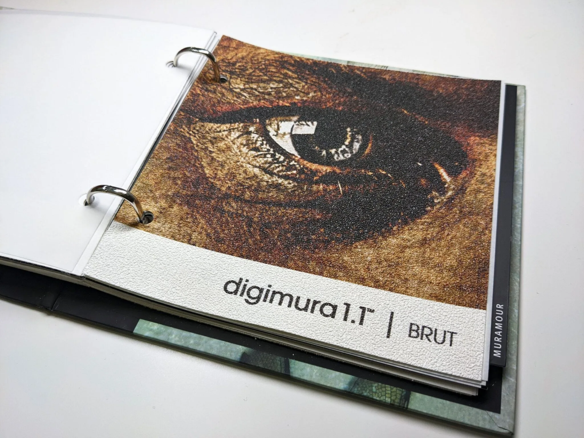 Campione Digimura 1.1 finitura Brut, stampa di un occhio su superficie ruvida