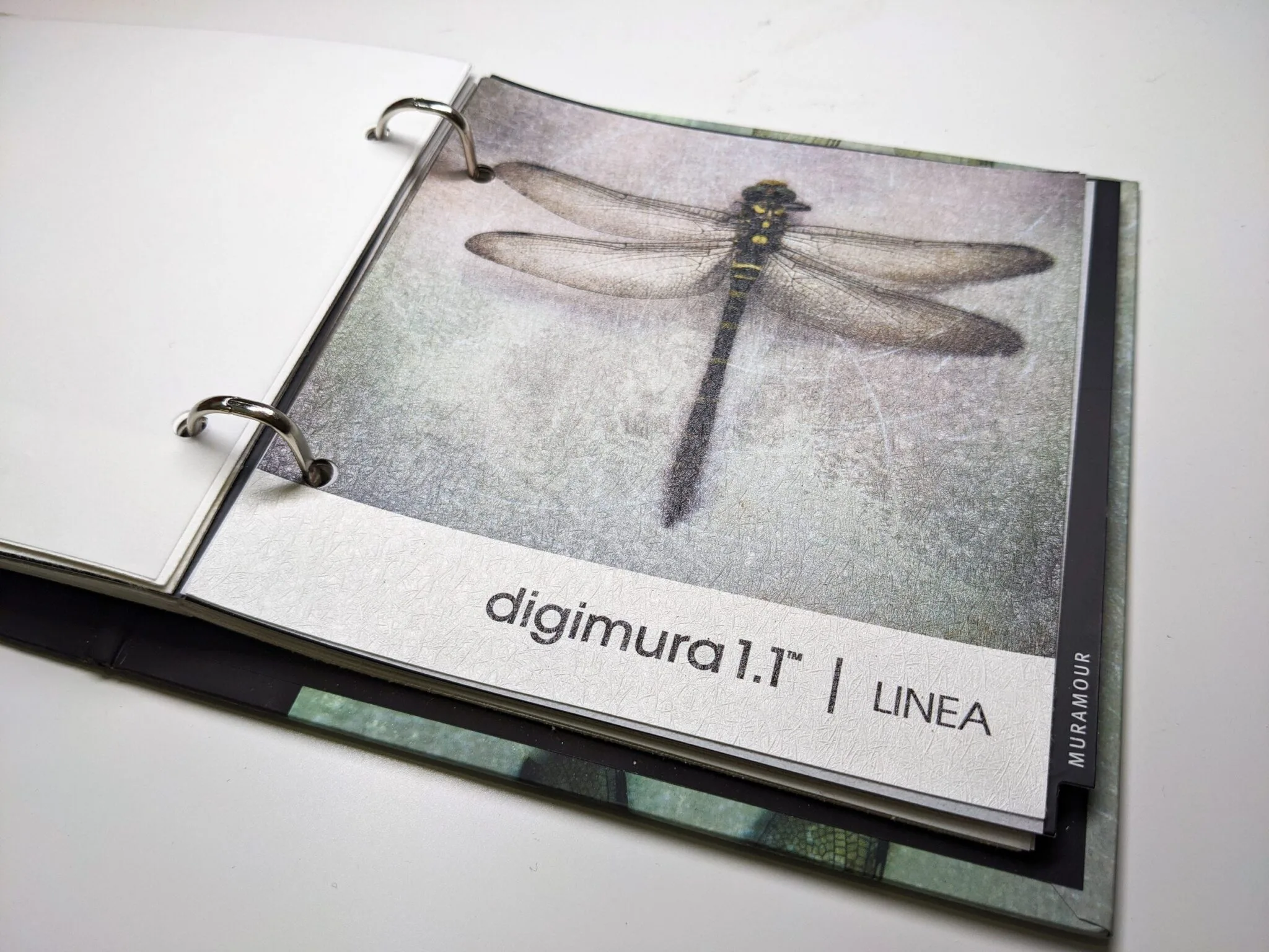 Campione Digimura 1.1 finitura Linea, con stampa di una libellula su fondo chiaro rigato