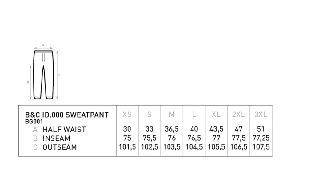 Tabella delle misure — Felpa B&C ID.000 Sweatpant