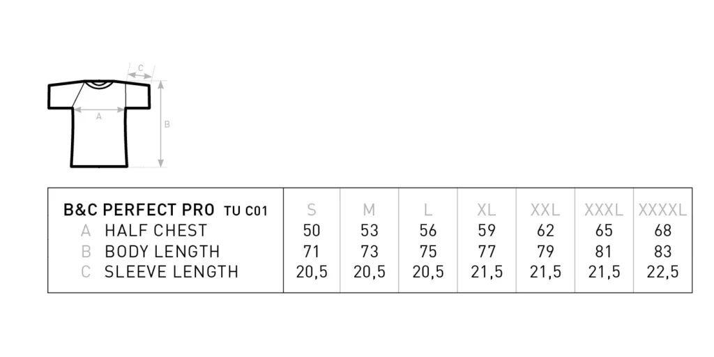 Tabella delle misure — T-shirt B&C Perfect Pro