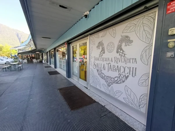Portico del centro commerciale di Carnia con la vetrina Sali & Tabacchi decorata e le montagne sullo sfondo